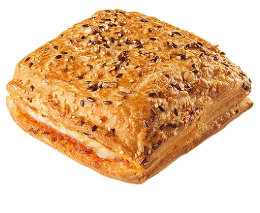 Square pastry with sesame seeds on a white background