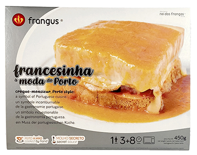 Francesinha(croque monsieur Porto style) - L&B A Portuguese icon! Francesinha is a hearty sandwich filled with layers of meats and cheese, smothered in a rich, spicy beer and tomato sauce – indulgent, comforting, and unforgettable. Ready meals 7.35 Francesinha(croque monsieur Porto style)   #
