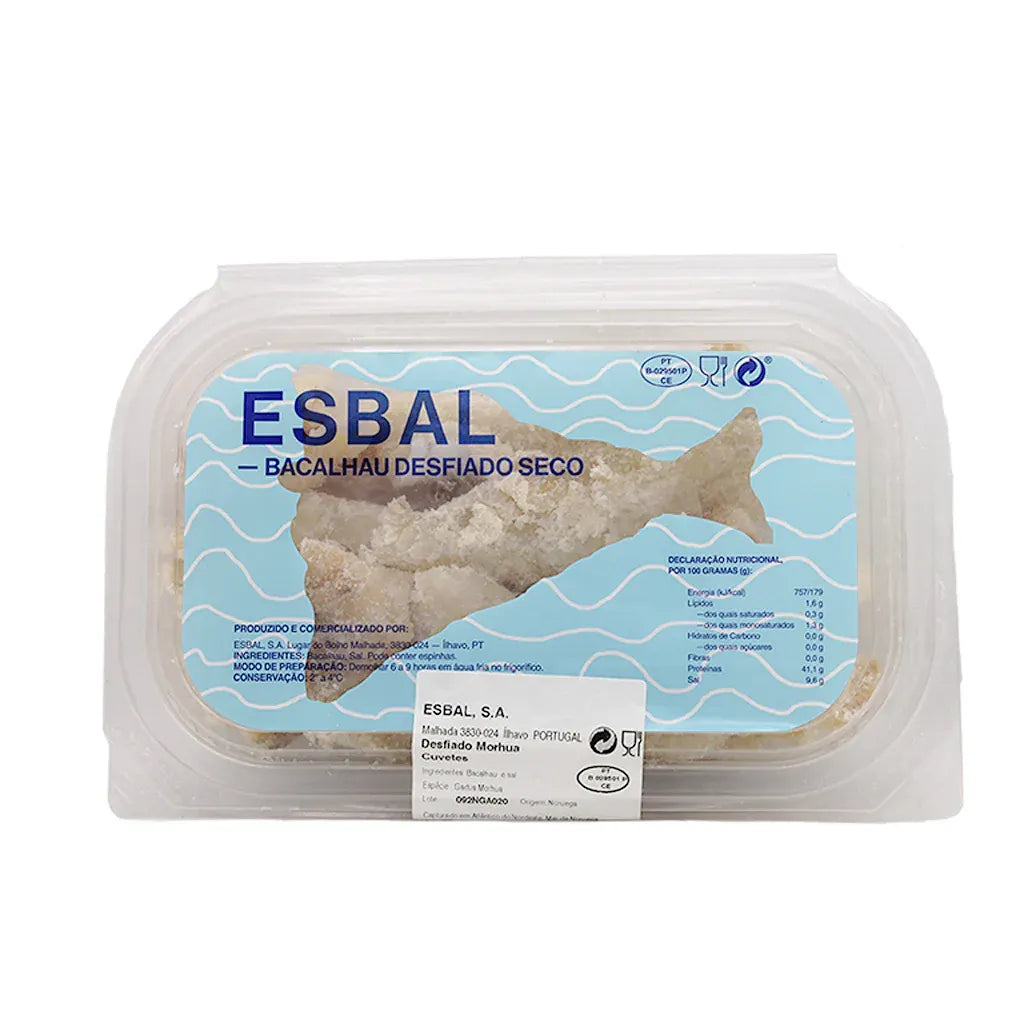 Shredded salt cod Esbal-Bacalhau salgado desfiado 400g - L&B Bring traditional Portuguese cuisine to your kitchen with our shredded salt cod 400g. Premium salted cod,pre shredded for convenience, ideal for classic dishes like Bacalhau a Bras,cod cakes,salads...  7.95 Shredded salt cod Esbal-Bacalhau salgado desfiado 400g   